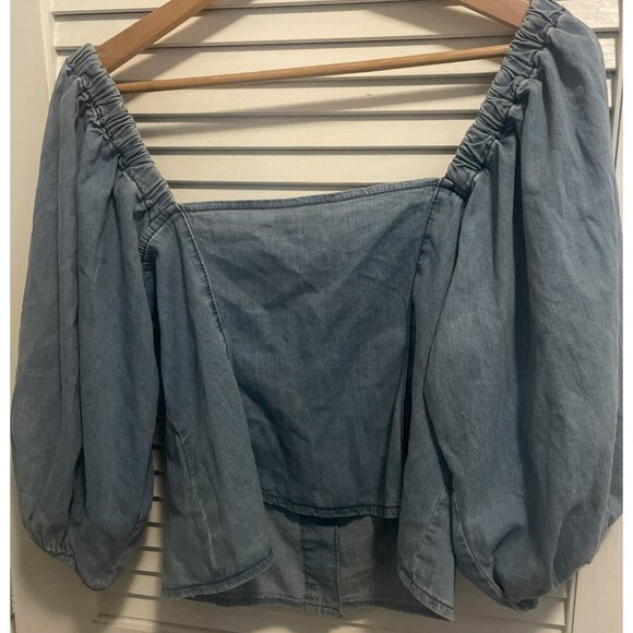 NWT H&M Off The Shoulder Blue Crop Top Chambray Denim Puff Sleeve Women's M - Picture 6 of 6